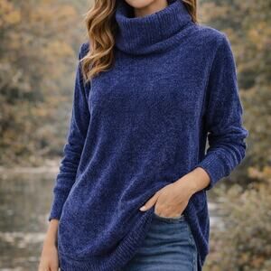 OSO Casuals Blue Chunky Velvet Knit Long Sleeve Turtleneck Sweater Womens Size L